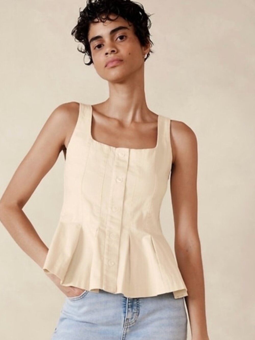Banana Republic Cream Denim Square Neck Top